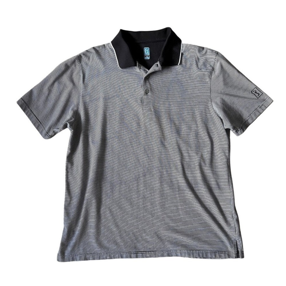PGA Tour Mens XXL Black White Striped Short Sleeve Golf‎ Polo Shirt Cotton Blend